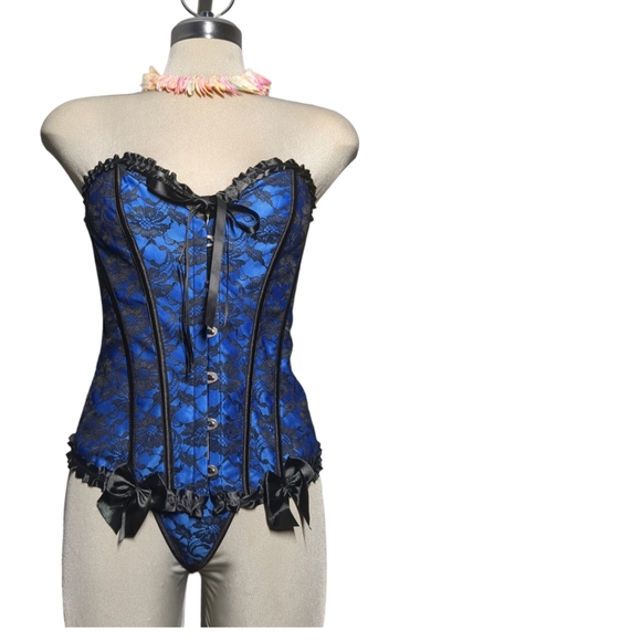 NEW- Blue and Black Satin        and Lace  Corset  Set   Size M - Picture 3 of 16